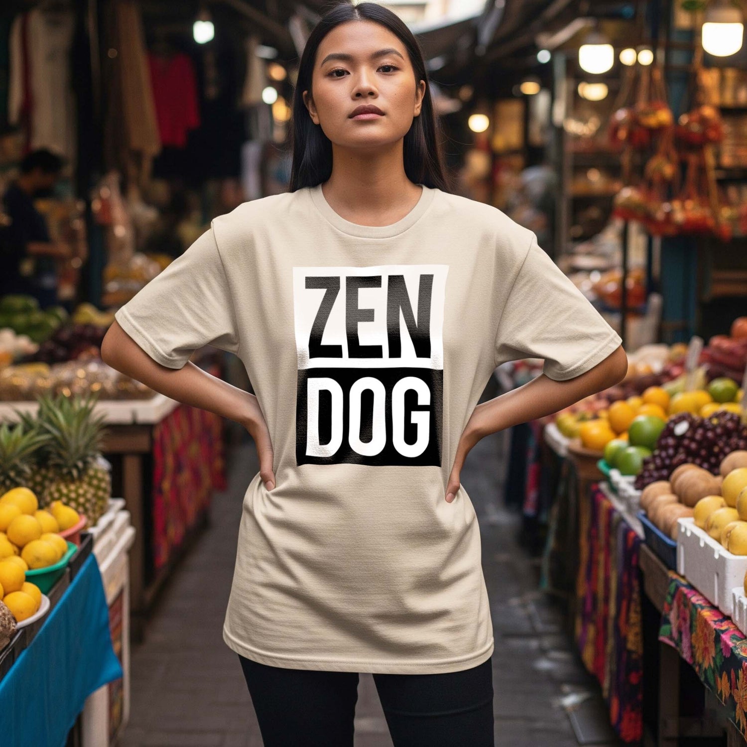 Pretty Asian woman standing in outdoor market. She has on a sand-colored Hero & Starr "ZEN DOG" t-shirt