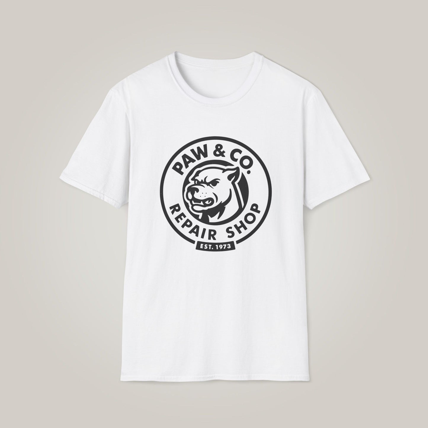 Paw & Co. Vintage Repair Shop - Black Print Unisex Softstyle T-shirt