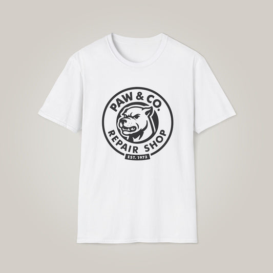 Paw & Co. Vintage Repair Shop - Black Print Unisex Softstyle T-shirt