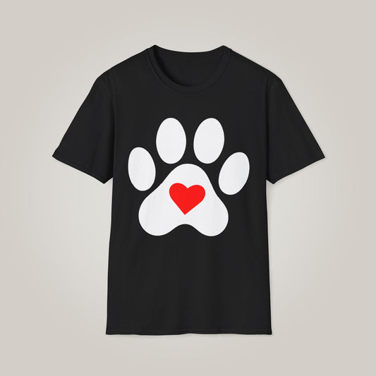 Large Paw With Heart - White Unisex Softstyle T-shirt