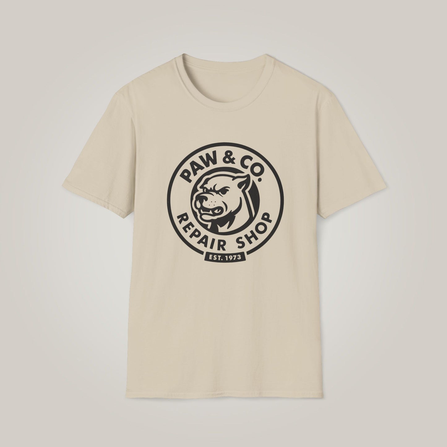 Paw & Co. Vintage Repair Shop - Black Print Unisex Softstyle T-shirt
