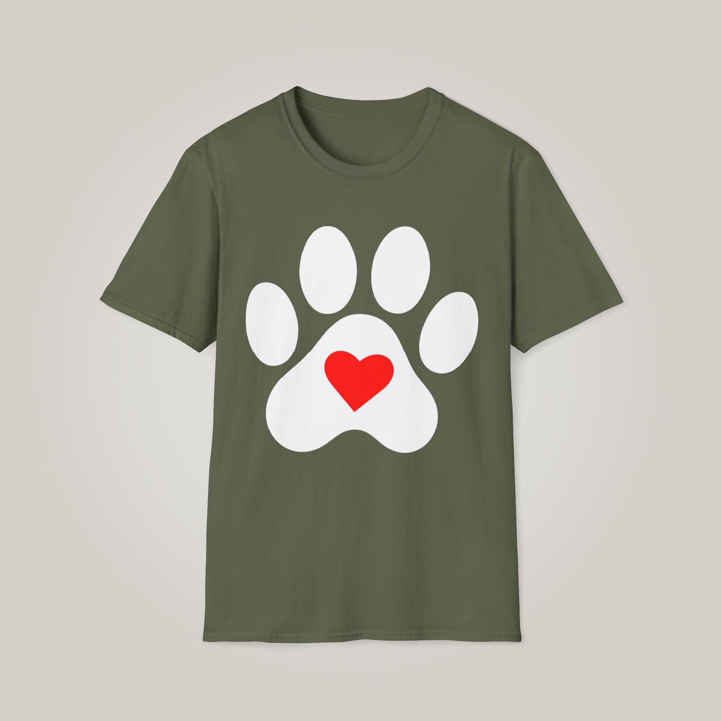 Large Paw With Heart - White Unisex Softstyle T-shirt