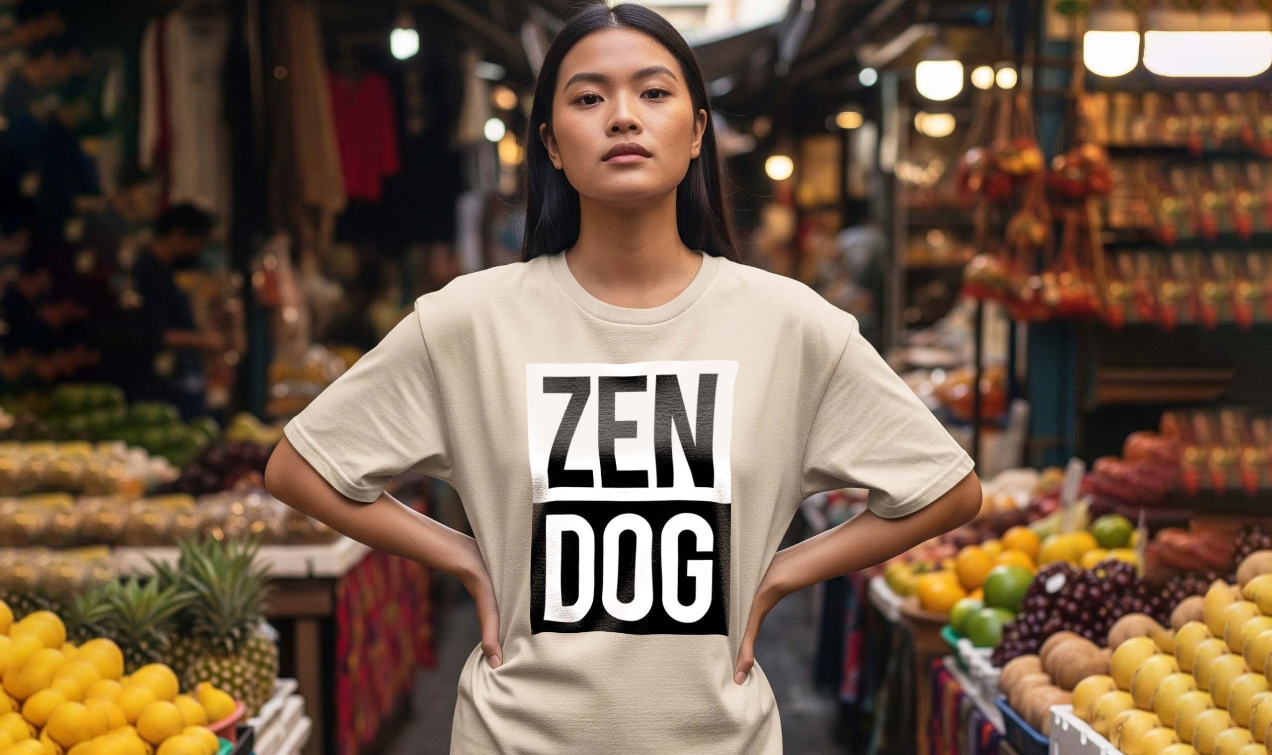Asian woman wearing a t-shirt with 'ZEN DOG' text in a market setting