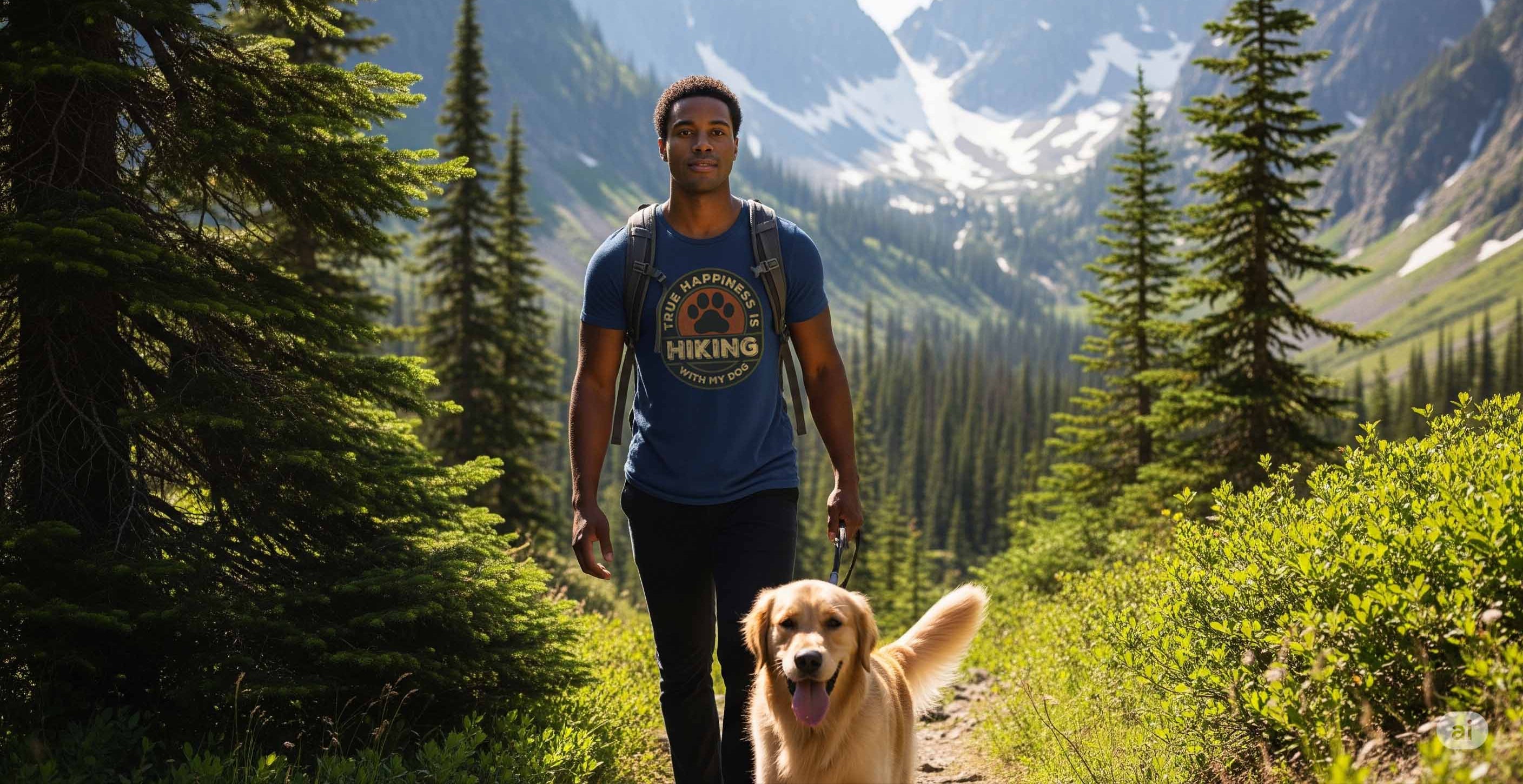 Man walking a dog on a trail with mountains and trees in the background